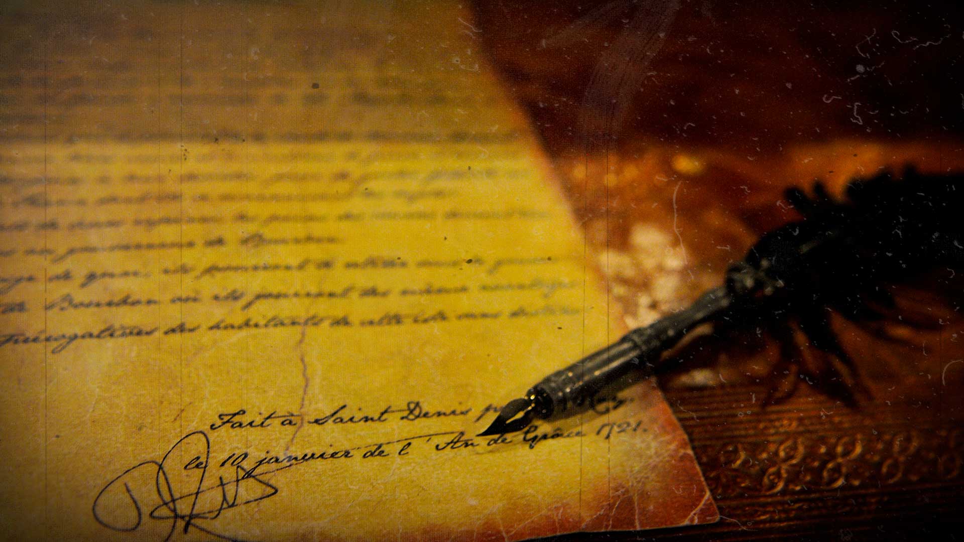 Décor d'escape game Prizoners, plume et parchemin historiques