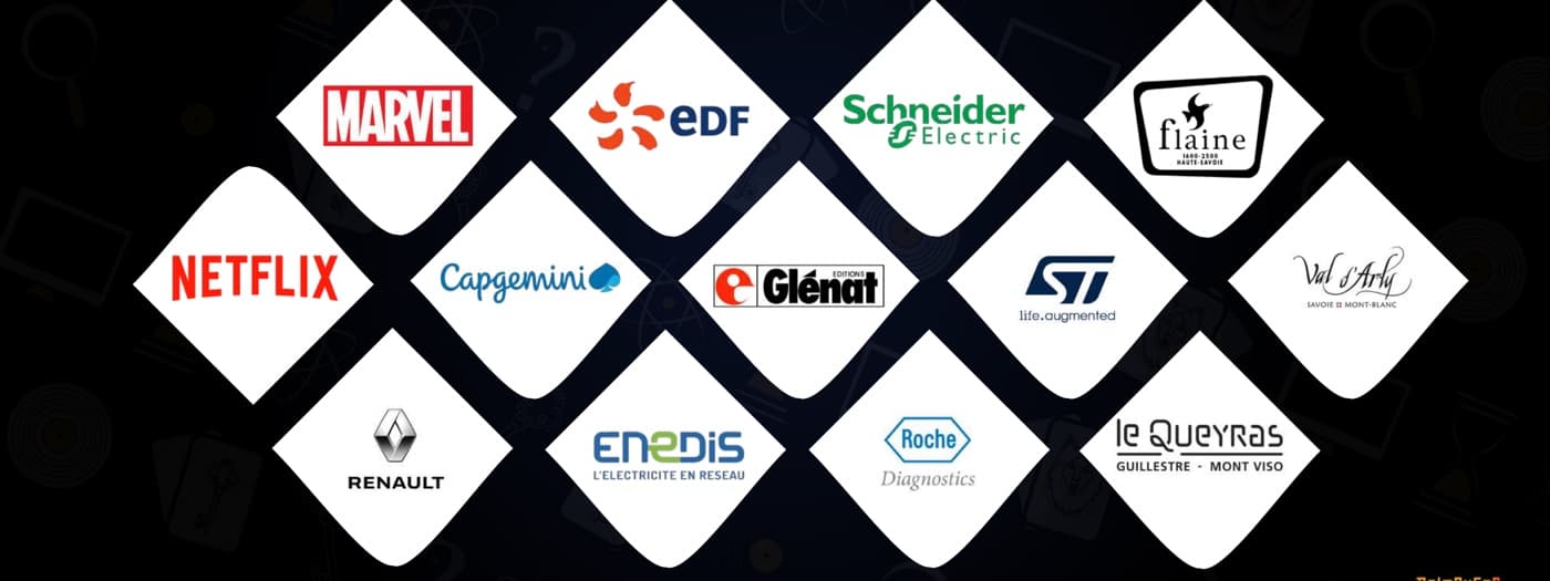 Références clients Prizoners Grenoble : Marvel, Netflix, EDF, Schneider Electric, Capgemini, Renault, Enedis, STMicroelectronics, Glénat, Roche Diagnostics
